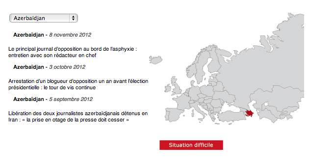 Azerbaïdjan - capture d'écran du site internet RSF
